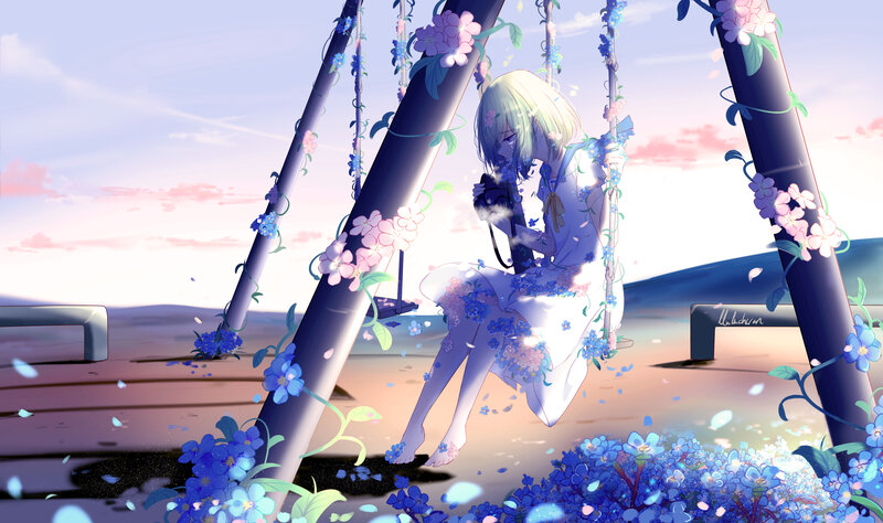 Blonde Girl on Swing — Blue, Serene, Sunset