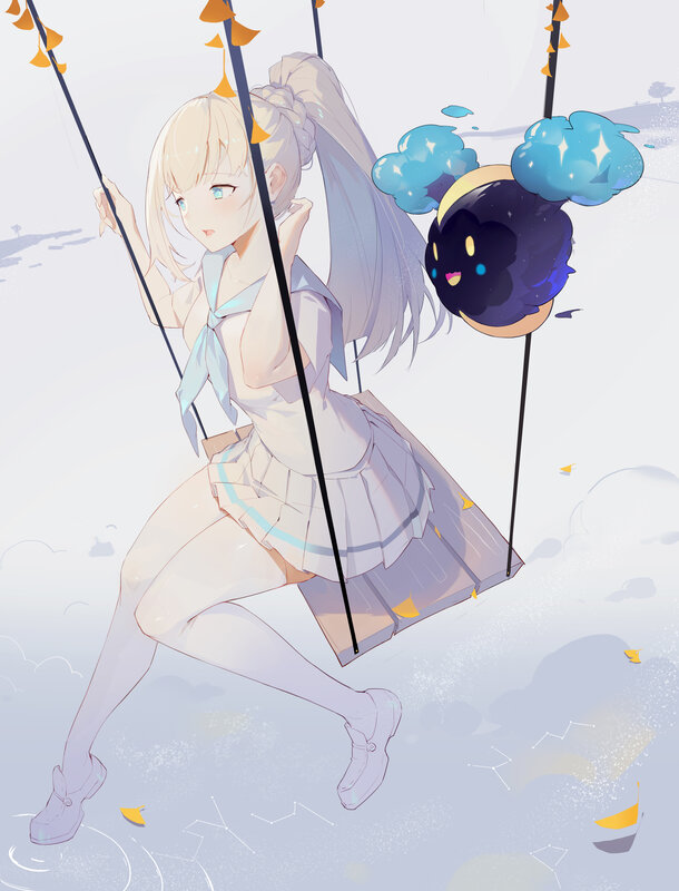 Blonde Girl on Swing — White, Serene
