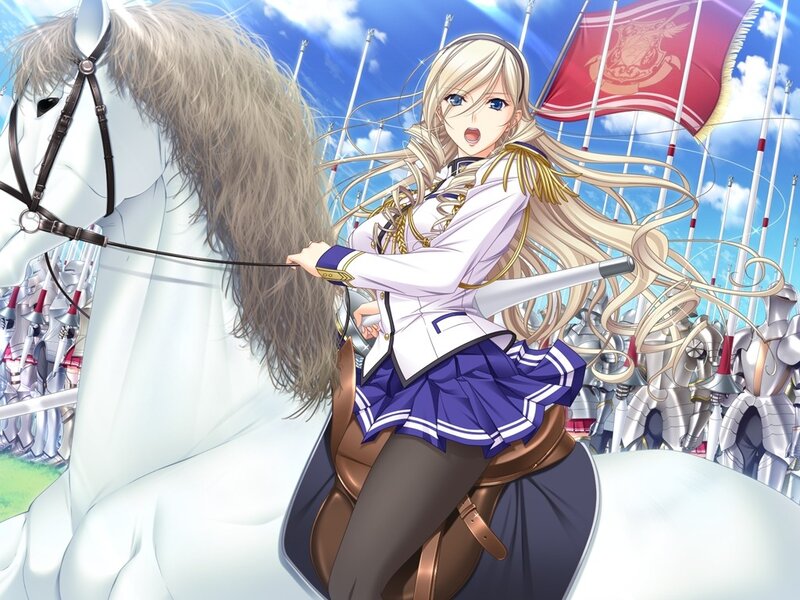 Blonde girl on white horse