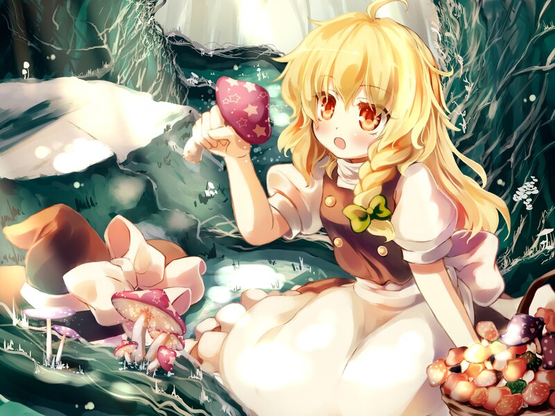 Blonde Girl Picking Mushrooms