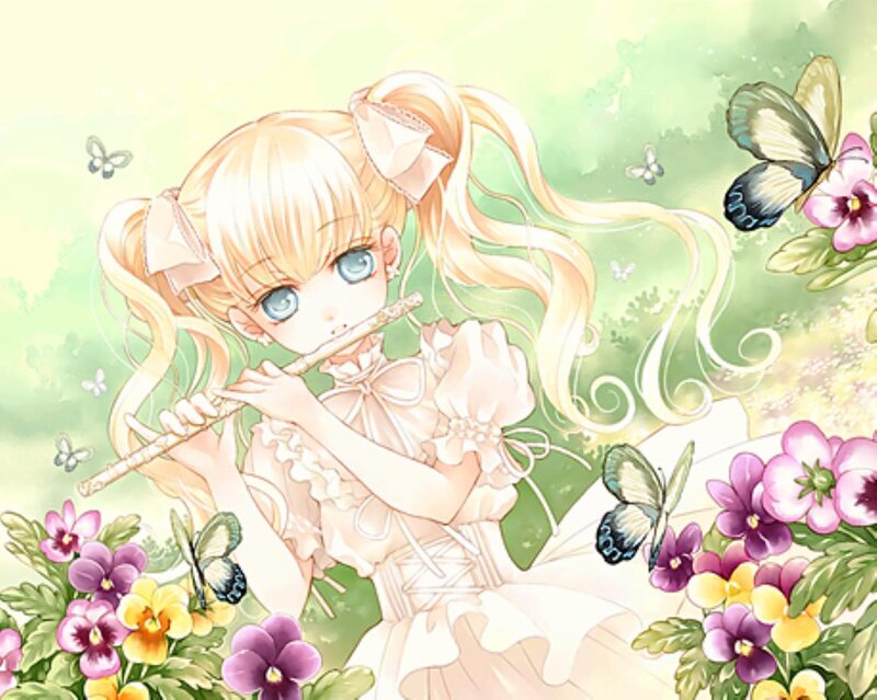 Blonde Girl Playing Flute — Green