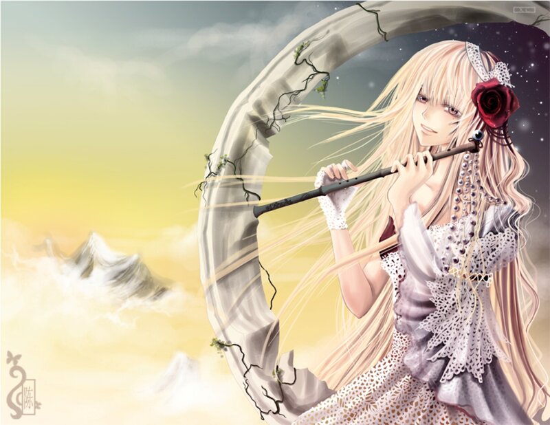 Blonde Girl Playing Flute — Yellow, Serene, Sunset