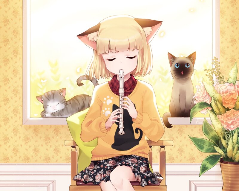 Blonde Girl Playing Flute — Yellow