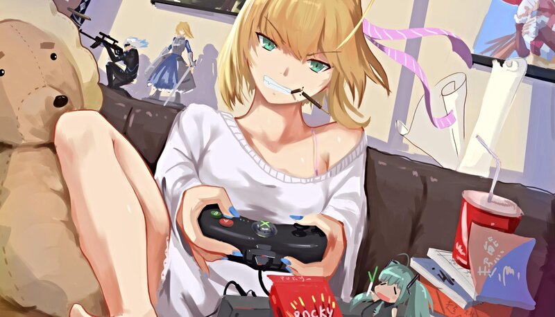 Blonde Girl Playing Game — White