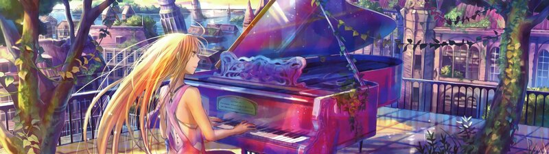 Blonde Girl Playing Piano — Purple