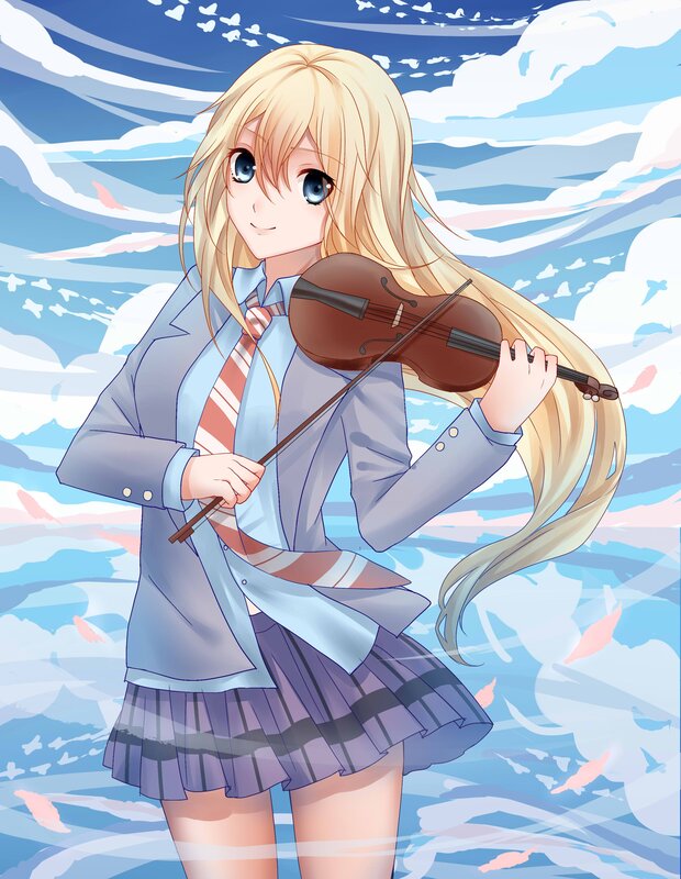 Blonde Girl Playing Violin — Blue, Serene, Afternoon, Anime