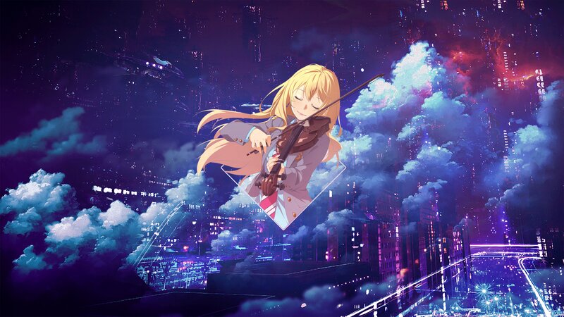 Blonde Girl Playing Violin — Purple, Dramatic, Night
