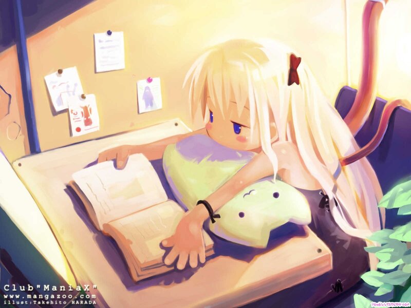 Blonde girl reading at desk
