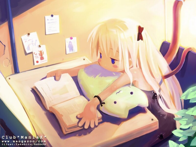 Blonde Girl Reading Book — Yellow, Calm, Afternoon, Manga, Stuffed Animal