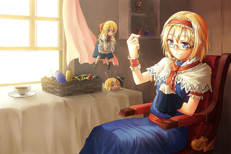 Blonde Girl Sewing — Blue