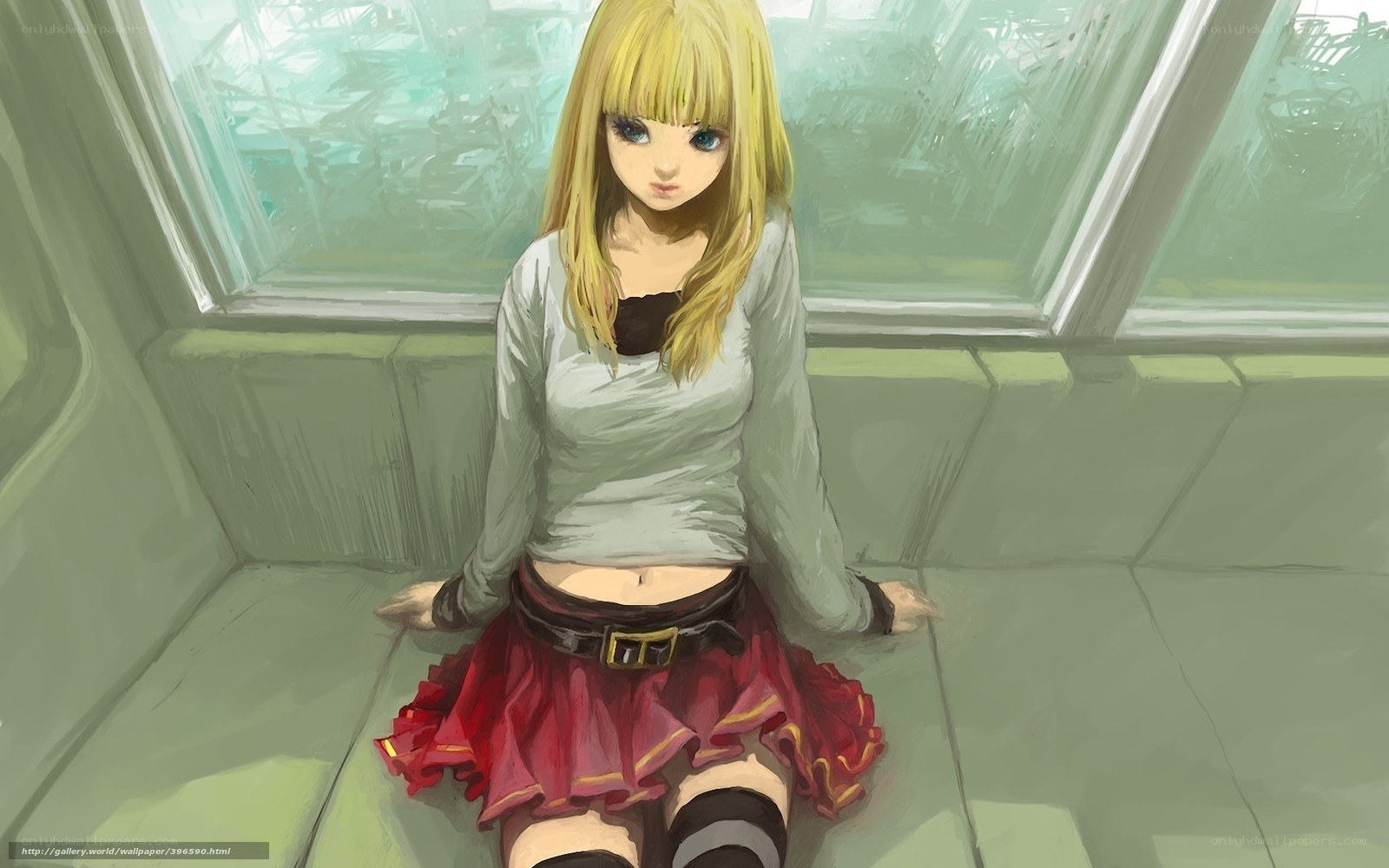 blonde girl sitting by window