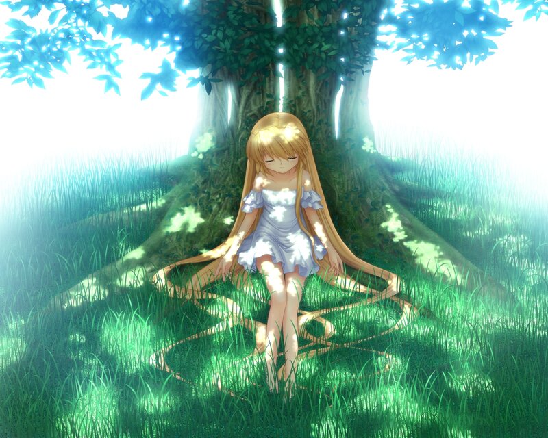 Blonde Girl Sitting — Green, Serene