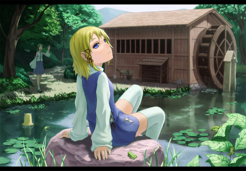 Blonde Girl Sitting on Rock — Green