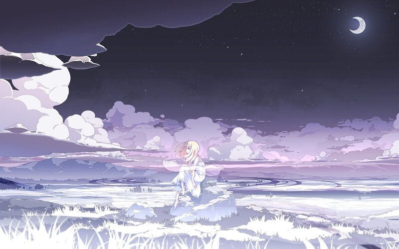 Blonde Girl Sitting on Rock — Purple, Serene, Night
