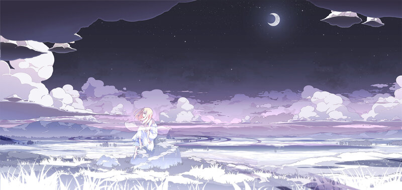 Blonde Girl Sitting on Rock — Purple