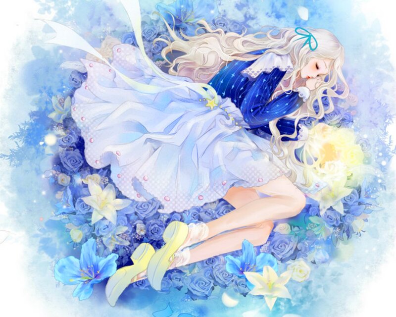 Blonde Girl Sleeping — Blue, Serene, Digital Art