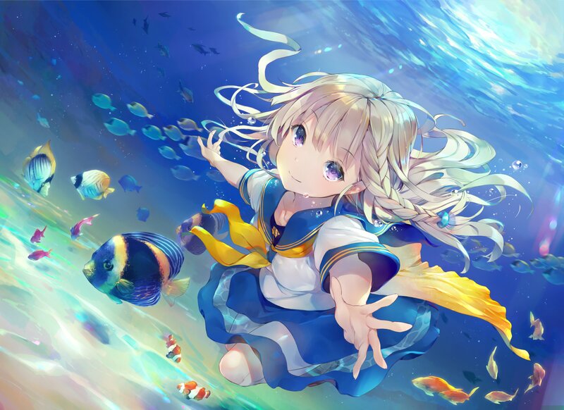Blonde Girl Underwater — Blue, Serene, Anime, Fish, Coral Reef