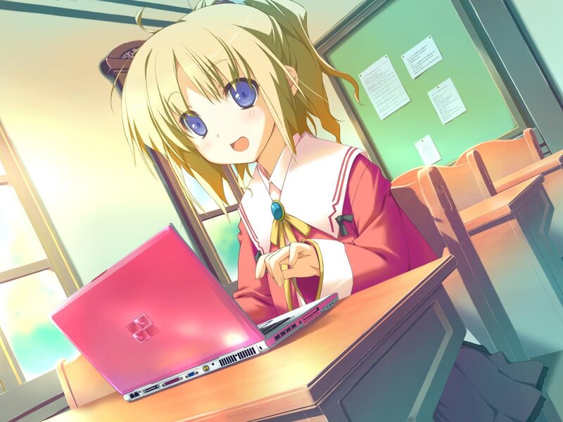 Blonde Girl Using Laptop — Pink, Calm