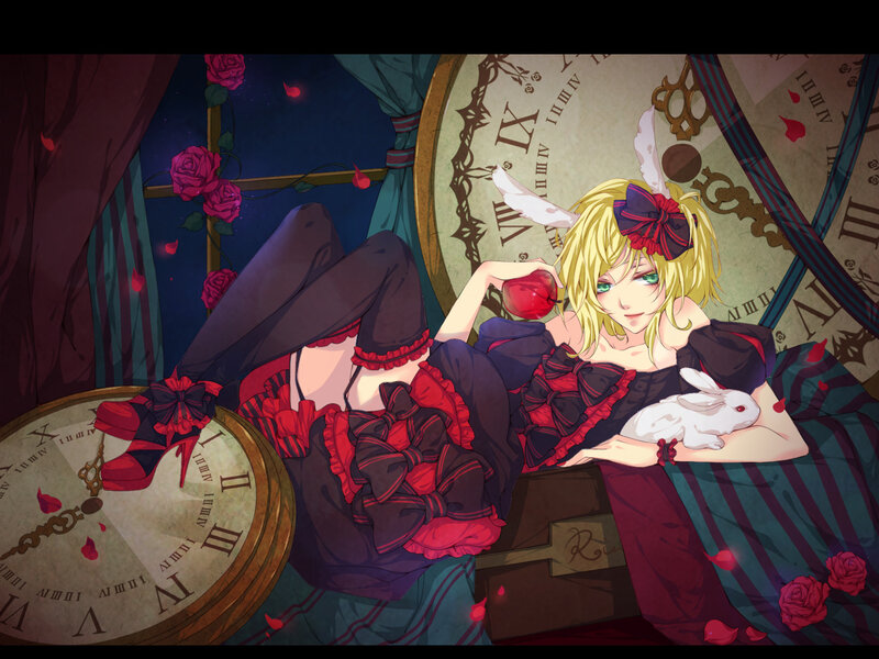 blonde girl with apple and rabbit