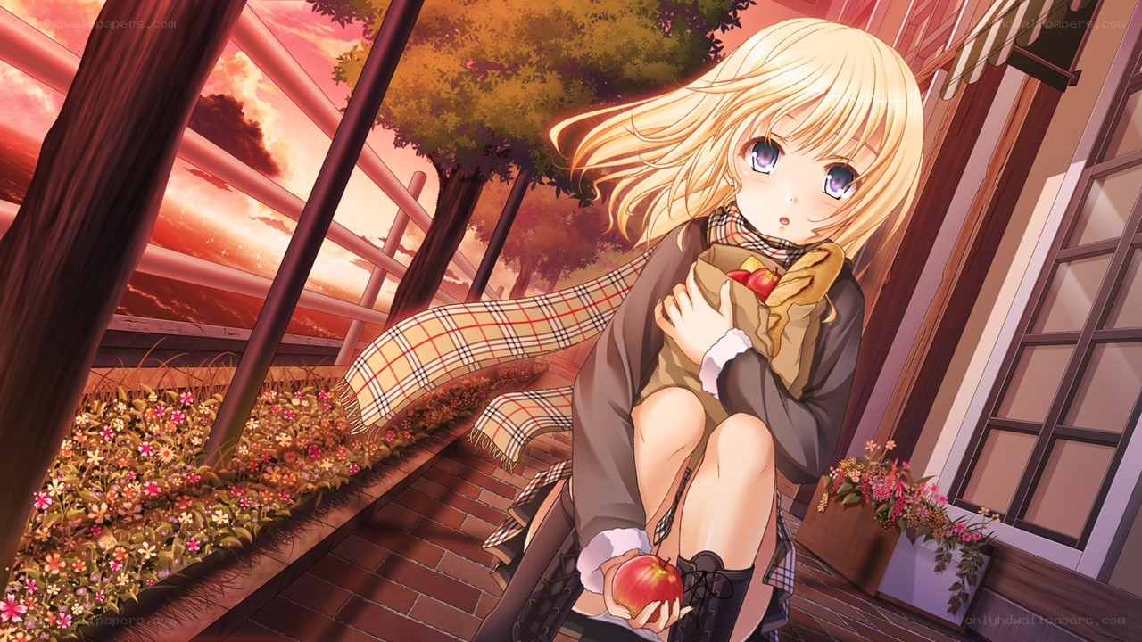 blonde girl with apples at sunset