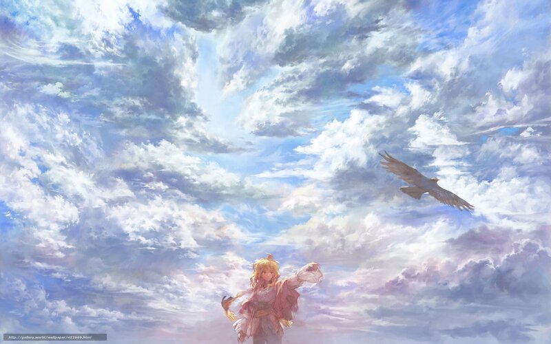 Blonde Girl with Bird — Blue, Serene, Afternoon, Anime, Clouds