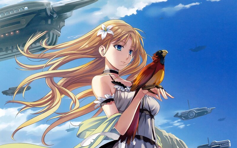 Blonde Girl with Bird — Blue, Serene, Afternoon, Anime