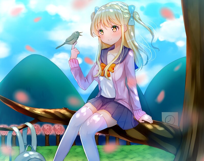 Blonde Girl with Bird — Blue, Serene, Spring