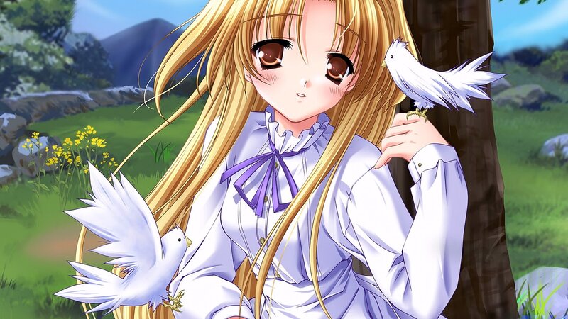 Blonde Girl with Birds — White, Serene, Afternoon, Anime, Tree