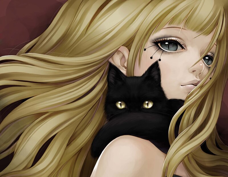 blonde girl with black cat