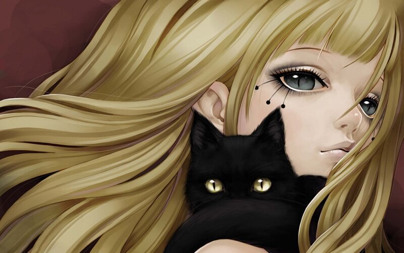 blonde girl with black cat