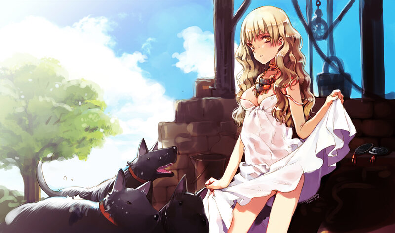 Blonde girl with black dogs