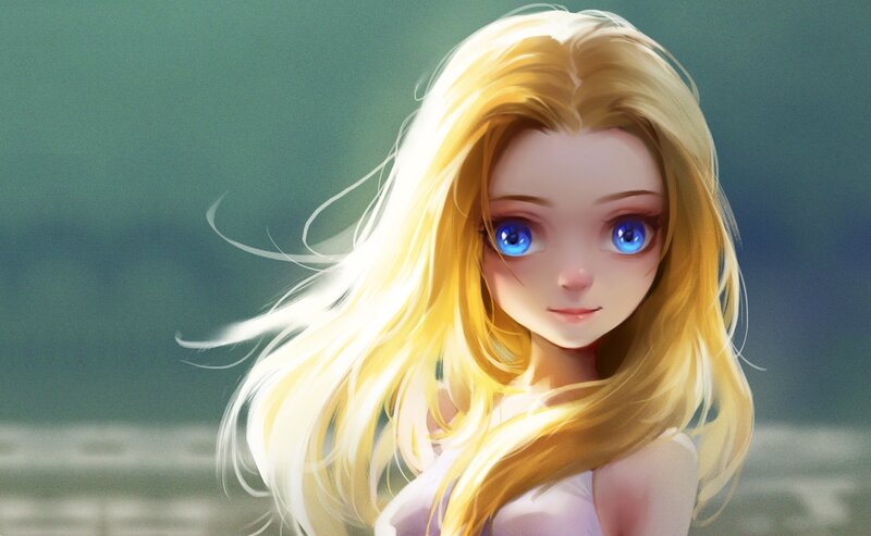 Blonde Girl with Blue Eyes — Yellow, Serene, Digital Art