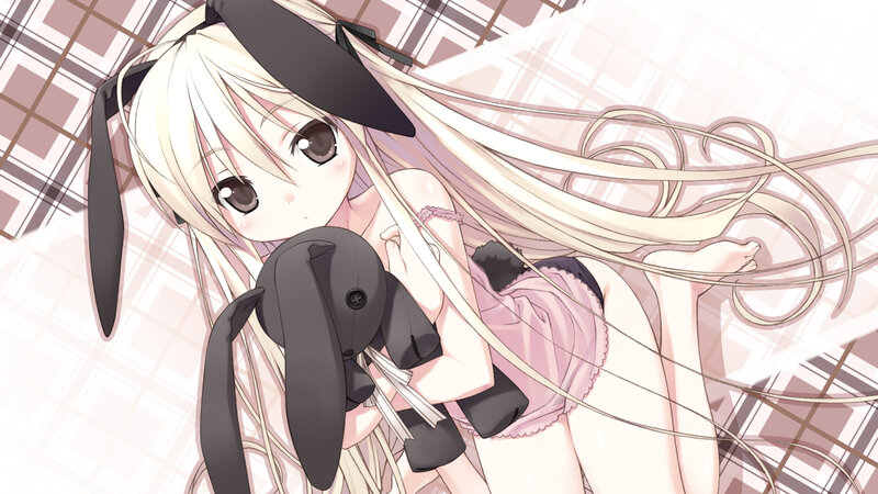 blonde girl with bunny plush
