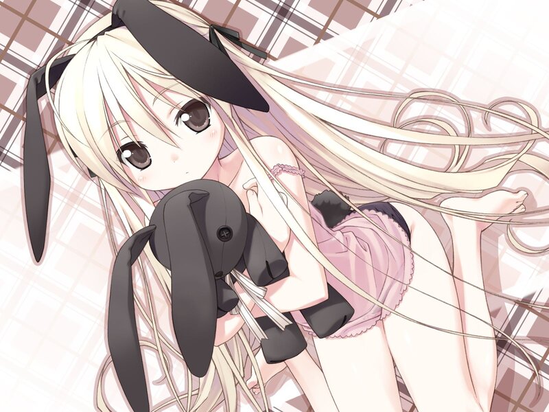 Blonde Girl with Bunny Plush — Pink