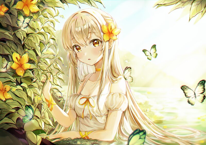 Blonde Girl with Butterflies — Yellow, Serene, Afternoon