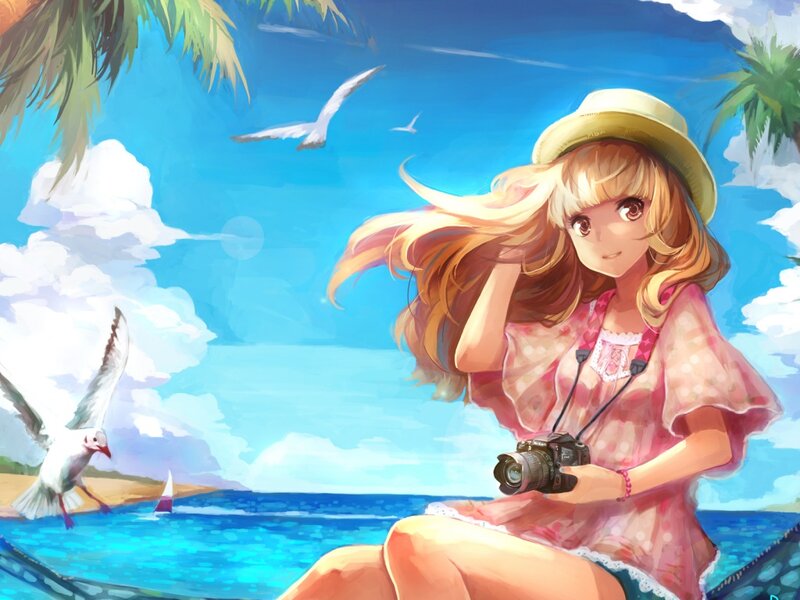 Blonde Girl with Camera — Blue, Serene, Afternoon, Digital Art, Seagulls