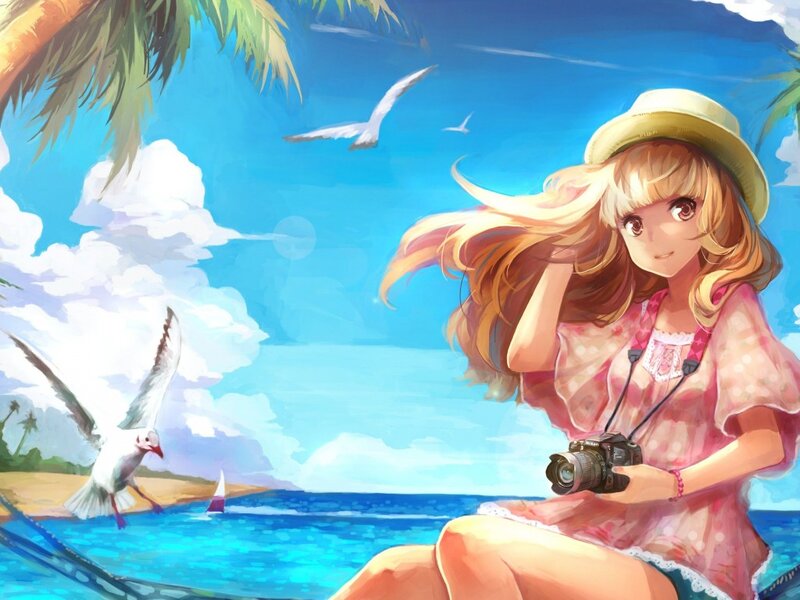 Blonde Girl with Camera — Blue, Serene, Afternoon, Digital Art