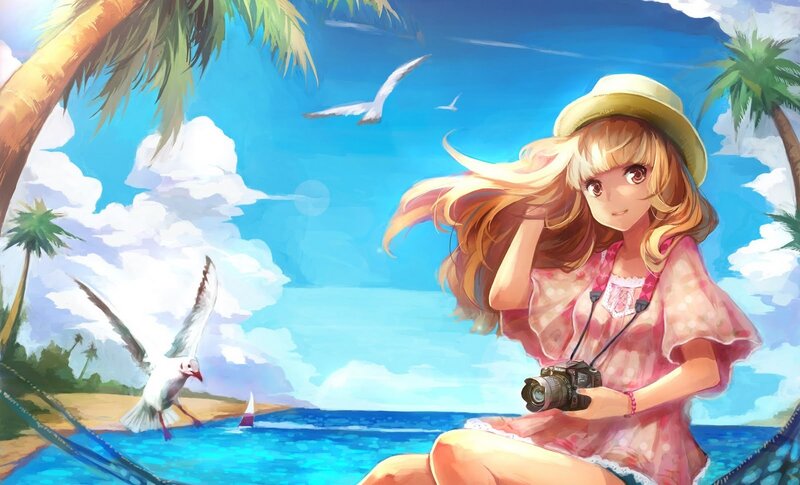 Blonde Girl with Camera — Blue