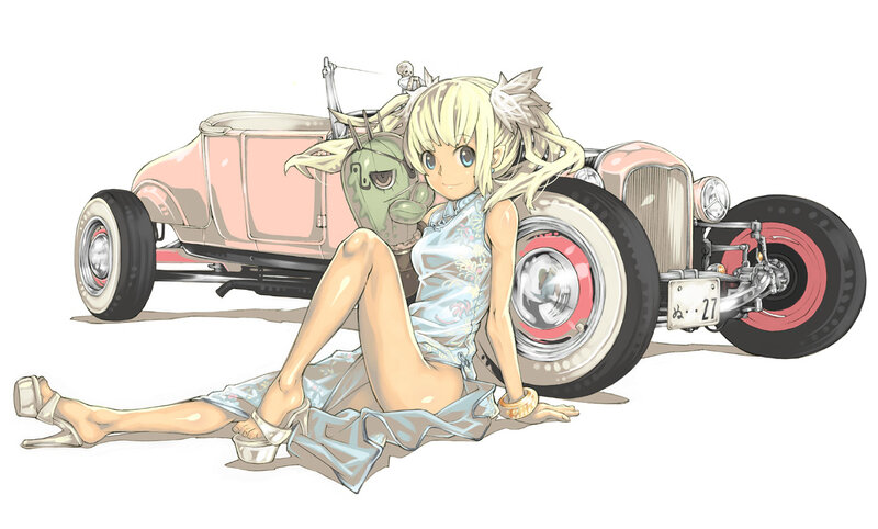 Blonde Girl with Car — White