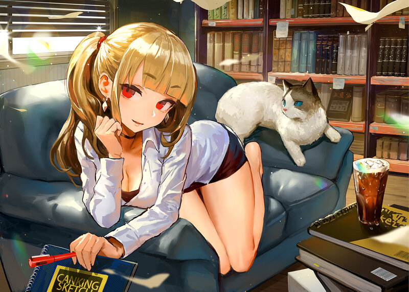 Blonde Girl with Cat — Blue, Calm, Afternoon, Digital Art