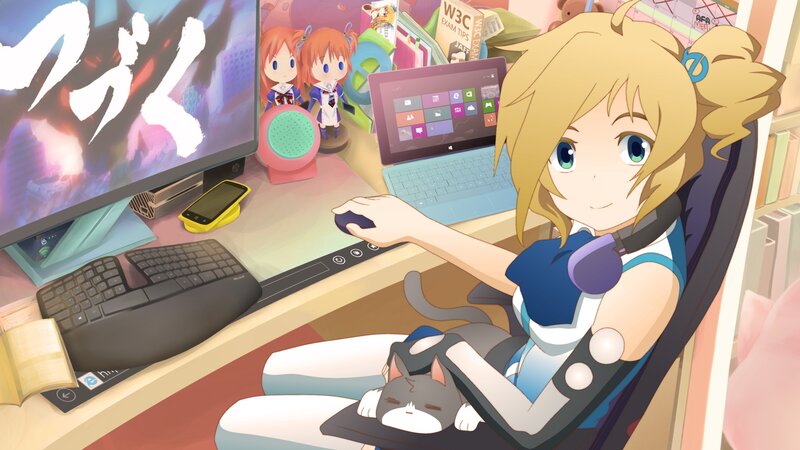 Blonde Girl with Cat — Blue, Calm, Anime