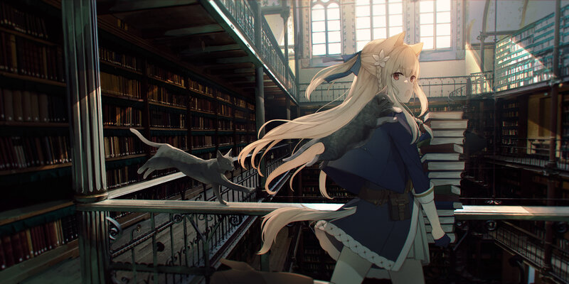 Blonde Girl with Cat — Blue, Serene, Afternoon, Anime