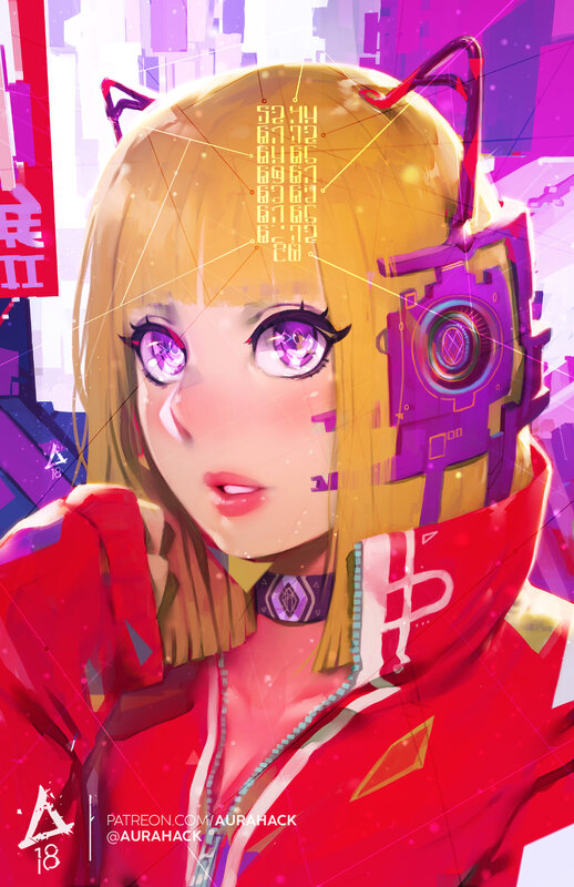 Blonde Girl with Cat Ears — Purple, Futuristic