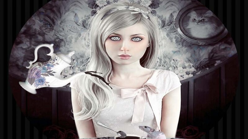 Blonde Girl with Cat — White, Dreamy