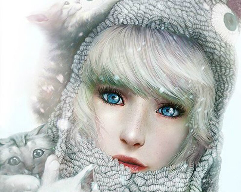 Blonde Girl with Cat — White, Serene, Winter