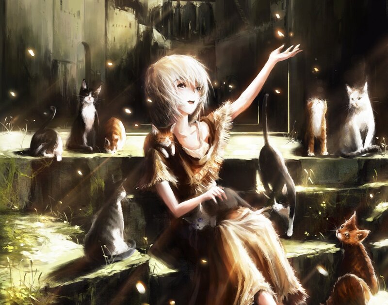 Blonde Girl with Cats — Brown