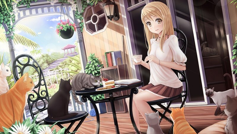 Blonde Girl with Cats — White