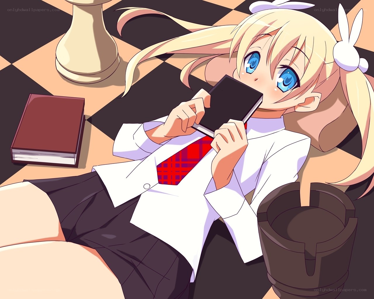 blonde girl with chess pieces