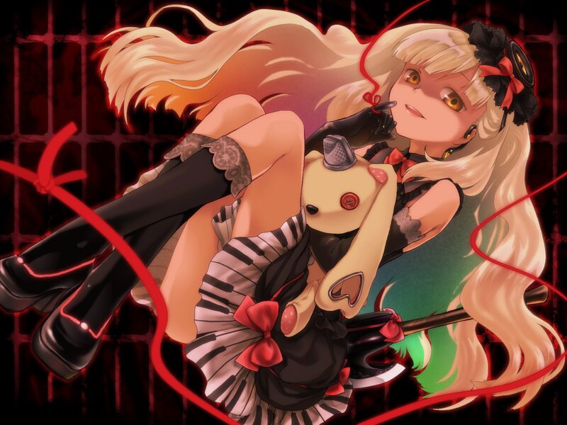 Blonde girl with doll and axe