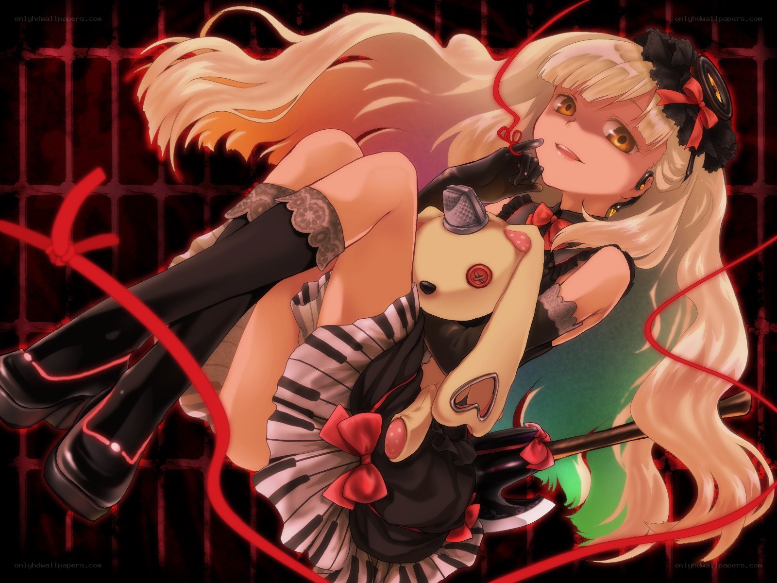 Blonde girl with doll and axe